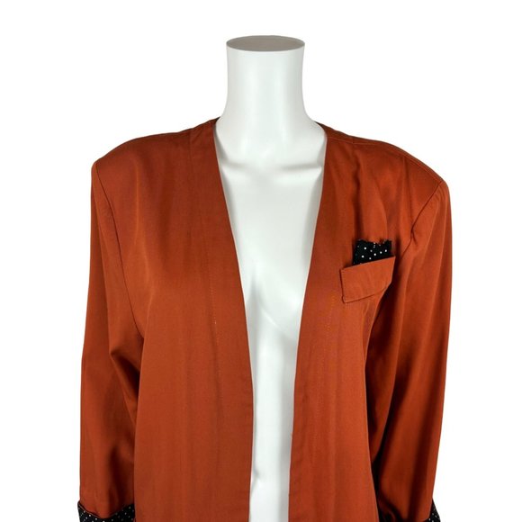 Vintage 90s Open Blazer Women's Large Burnt Orange Black Polka Dots Suit Jacket - Picture 3 of 10